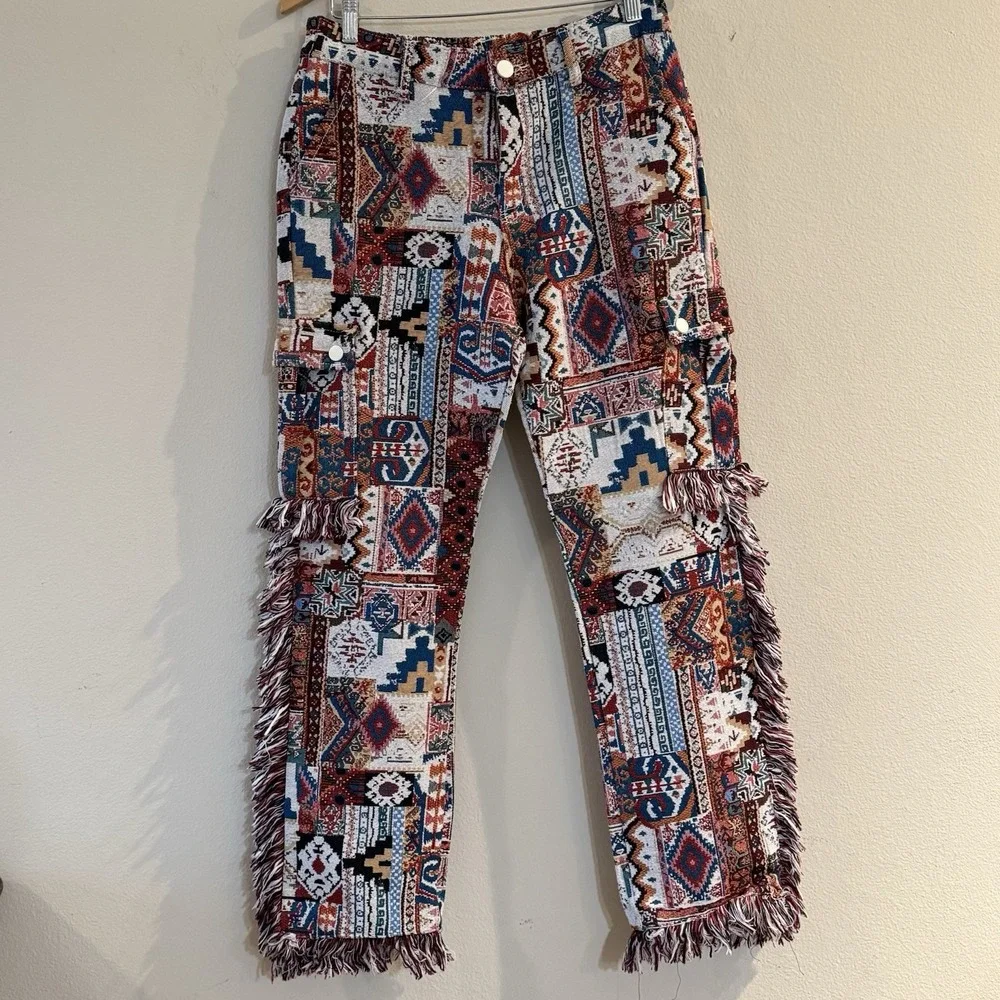 Tapestry Rug Pants Mens 32 Fringe Flare Boho Maximalist Festival Statement